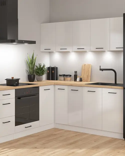 Conjunto de cocina rinconera Junona Line 200x200 brillo tiza sin encimera