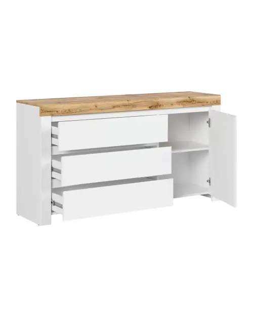 Cómoda Holten 156 cm con puertas y 3 cajones blanca/roble wotan
