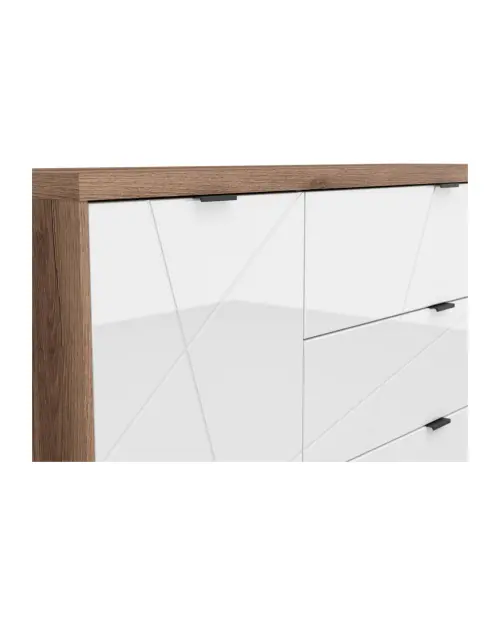 Cómoda Forn 156 cm con puertas y 3 cajones roble delano oscuro/blanco brillo