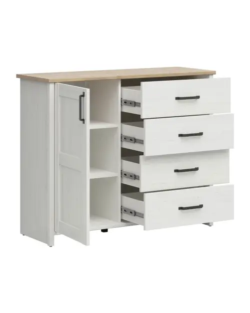 Cómoda Loksa 120 cm con puertas y 4 cajones pino blanco andersen/roble grandson