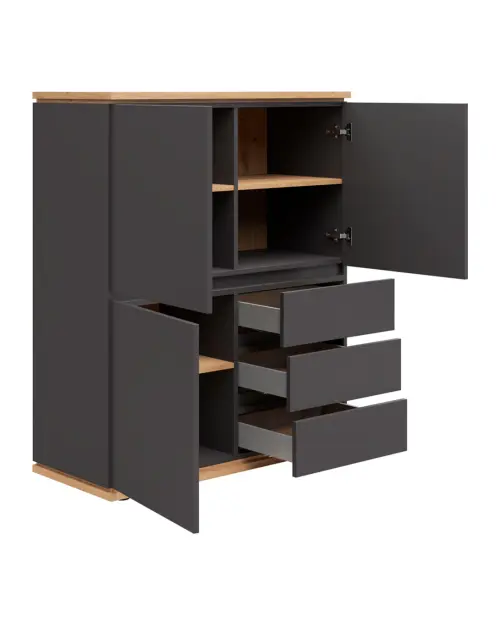 Cómoda Yamael 100 cm con 3 puertas y cajones grafito/roble artisan