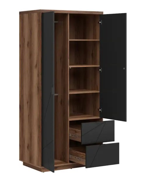 Armario de dos puertas Forn con cajones roble delano oscuro/negro mate