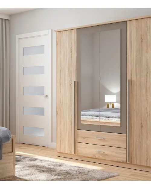 Armario de cuatro puertas Kredo 181 cm con espejo y cajones roble sonoma