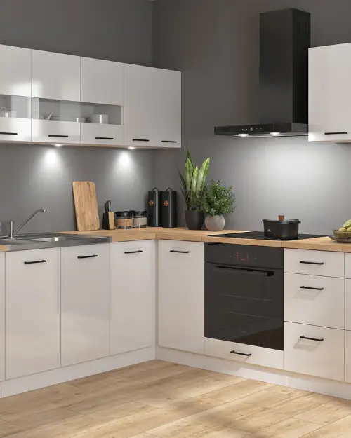 Conjunto de cocina de esquina Junona Line 220x240 brillo tiza con encimera