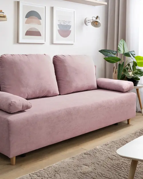 Trzyosobowa sofa z funkcją spania Sun z pojemnikiem na pościel, różowa