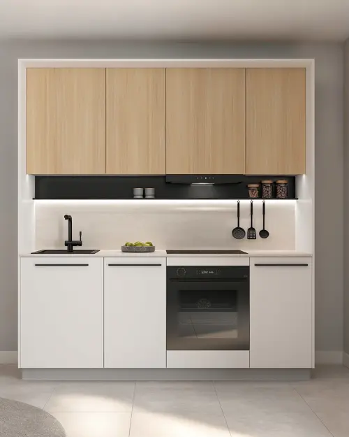 Juego de cocina Milino Small 210 cm blanco/roble con encimera