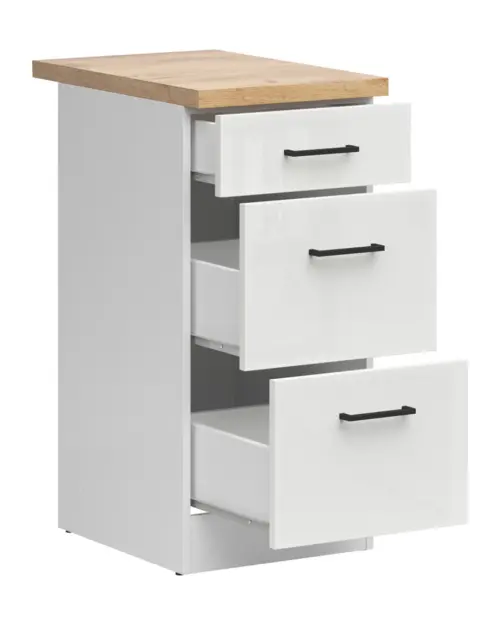 Mueble bajo de cocina Junona Line 40 cm con cajones brillo tiza con encimera