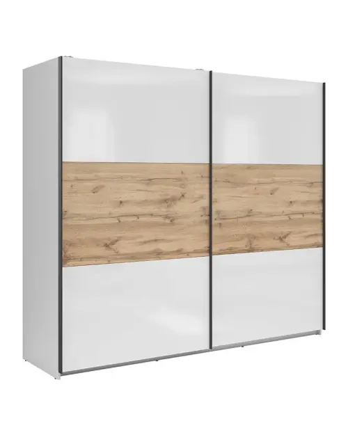 Armario de puertas correderas Tetrix 220 cm blanco brillo/roble wotan