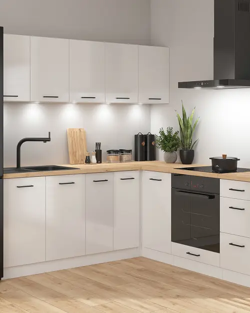 Conjunto de cocina rinconera Junona Line 200x200 brillo tiza sin encimera