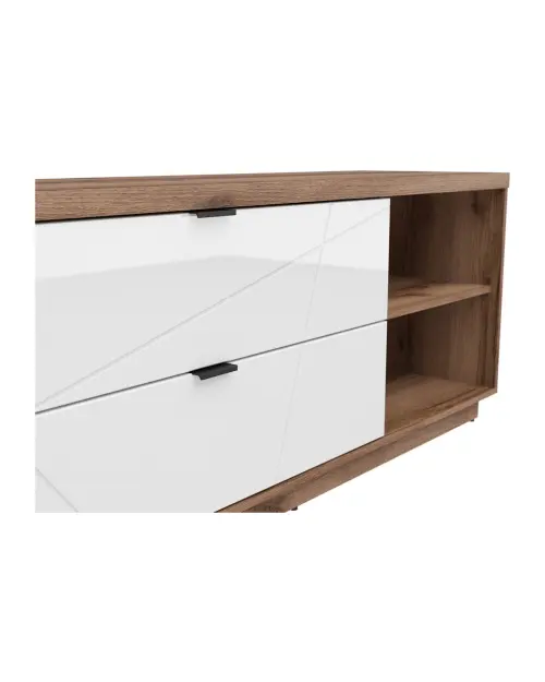 Mueble TV Forn 156 cm con 2 cajones y un estante roble delano oscuro/blanco brillo
