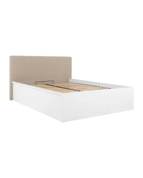 Cama Tetrix 140x200 con somier, arcón y cabecero tapizado blanco brillo