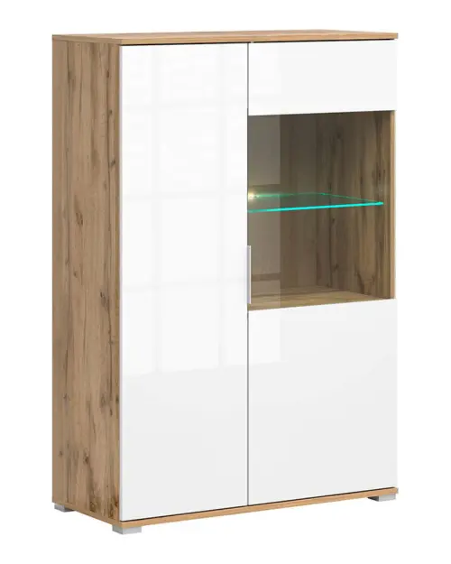 Vitrina Zele 90 cm con 2 puertas roble wotan/blanco brillo