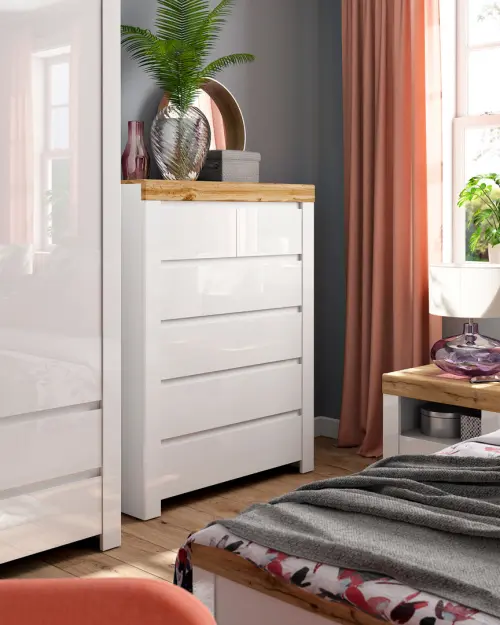 Cómoda Holten 99 cm con 6 cajones blanco/roble wotan/blanco brillo