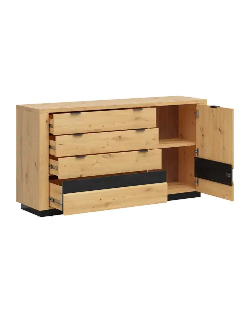 Cómoda Ostia 161 cm con puertas y 4 cajones roble artisan/roble negro