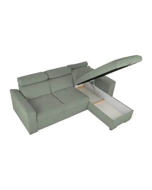 Универсальный угловой диван Evia с функцией сна, ящиком для белья и регулируемыми подголовниками зеленый