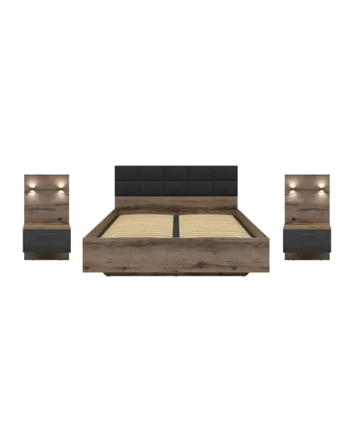 Conjunto Kassel cama 160 y mesitas de noche roble monastery/roble negro