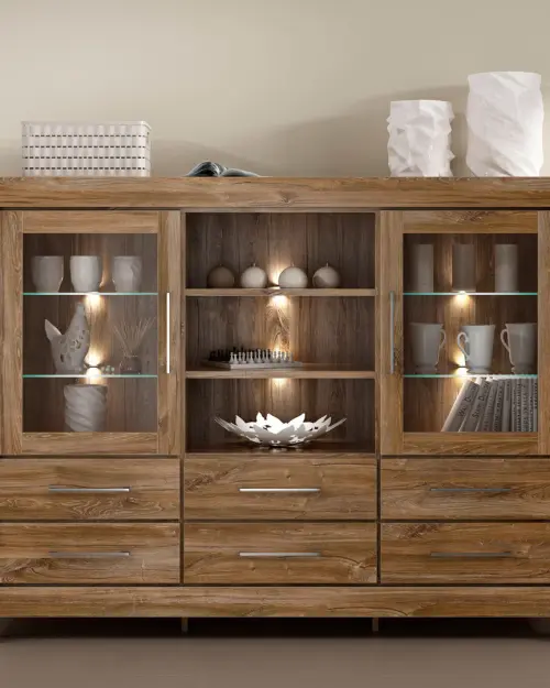 Cómoda Gent 166 cm vitrina con 2 puertas 6 cajones y 3 estantes roble stirling