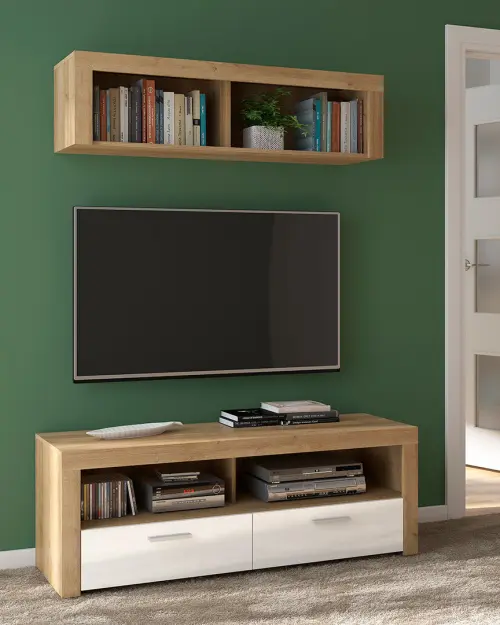 Mueble RTV Balder 135 cm con 2 cajones y un estante roble riviera/blanco brillo