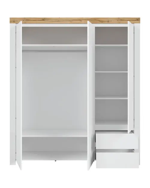 Armario de tres puertas Holten 180 cm con cajones blanco brillo/roble wotan