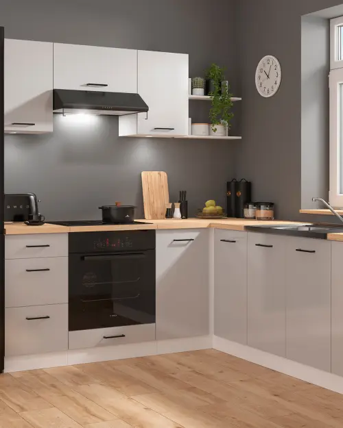 Conjunto de cocina de esquina Junona Line 200x220 gris claro brillo sin encimera