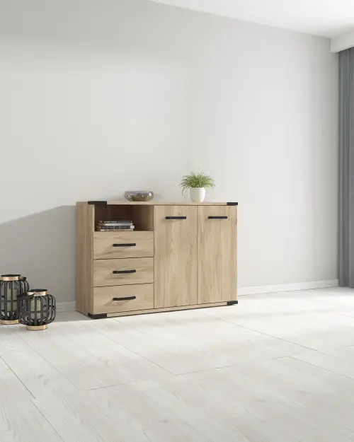 Cómoda Lara 90 cm con puertas 3 cajones y estante fresno belarus