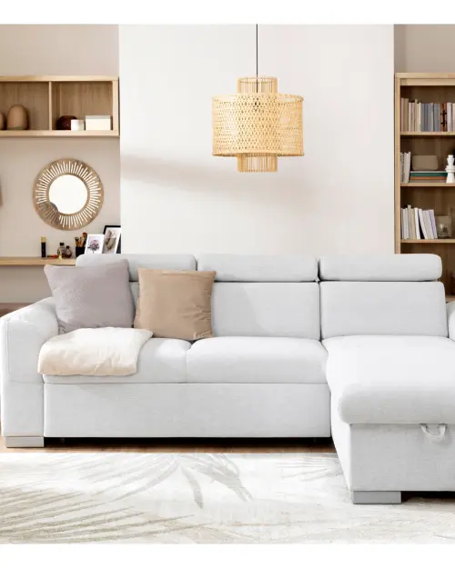 Universal corner sofa Evia with sleeping function, storage and adjustable headrests light gray
