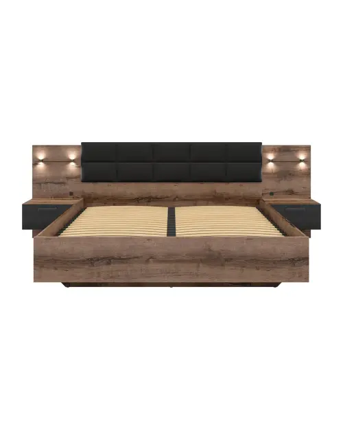 Cama Kassel 180x200 con somier, contenedor y 2 mesitas de noche roble monastery