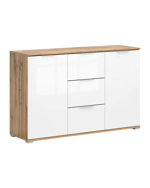 Cómoda Zele 135 cm con 2 puertas y 3 cajones roble wotan/blanco brillo
