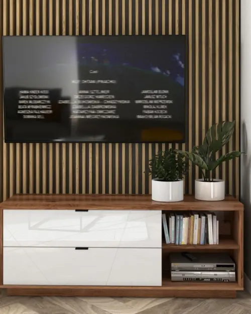 Mueble TV Forn 156 cm con 2 cajones y un estante roble delano oscuro/blanco brillo