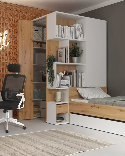 Armario de esquina izquierdo Homeland 136 cm vestidor con 2 puertas y 3 cajones blanco/roble artisan