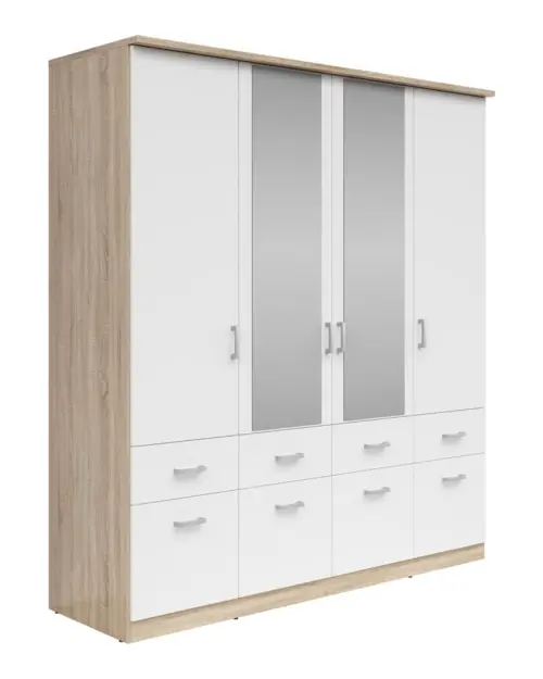 Шкаф четырехдверный Brando-4 181 см с зеркалом и ящиками белый/дуб сонома