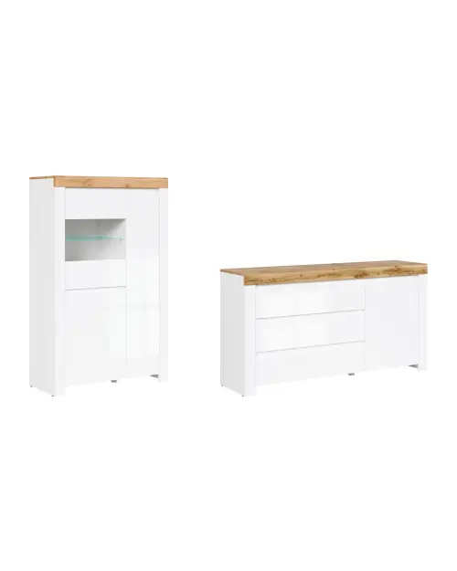 Conjunto Holten cómoda y vitrina roble wotan/blanco brillo