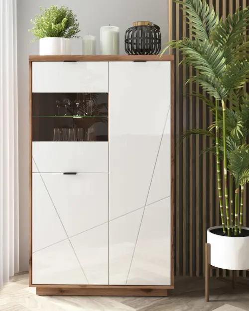 Vitrina Forn 94 cm con 3 puertas roble delano oscuro/blanco brillo