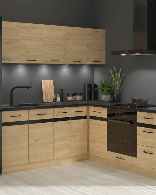 Conjunto de cocina de esquina Junona Line 200x200 izquierdo roble bernstein sin encimera