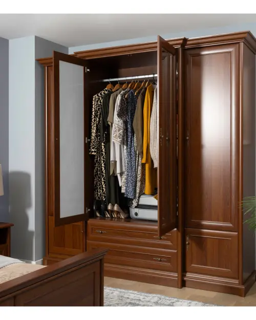 Armario de seis puertas Kent 227 cm con espejo y cajones castaño