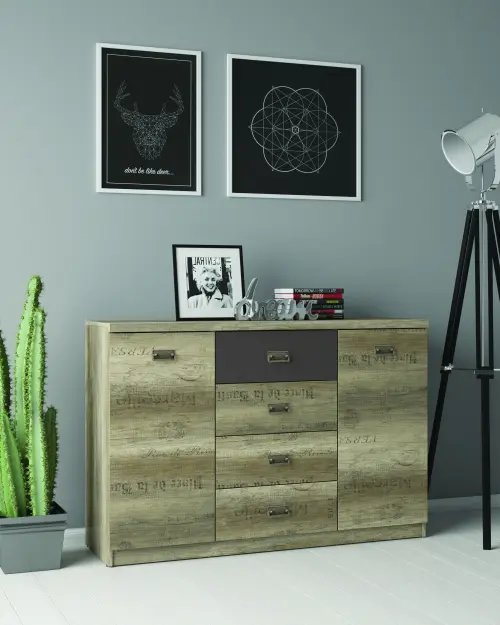 Cómoda Malcolm 130 cm con 2 puertas y 4 cajones roble canyon monument/gris wolfram/roble canyon monument estampado