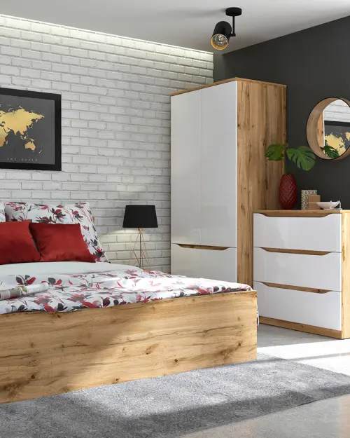 Cómoda Nuis 90 cm con 3 cajones roble wotan/blanco brillo