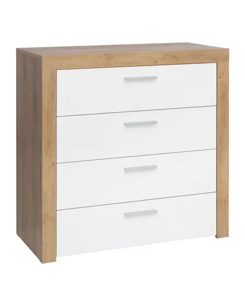 Cómoda Balder 90 cm con 4 cajones roble riviera/blanco brillo