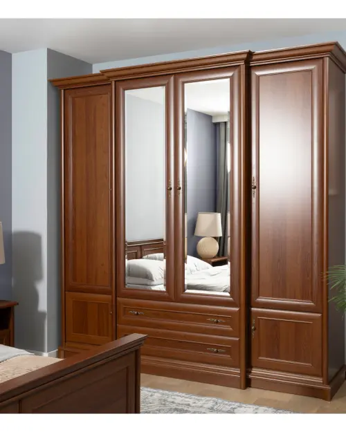 Armario de seis puertas Kent 227 cm con espejo y cajones castaño