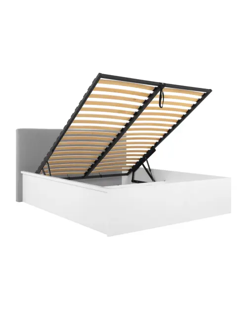 Cama Tetrix 160x200 con somier, contenedor y cabecero tapizado blanco brillo