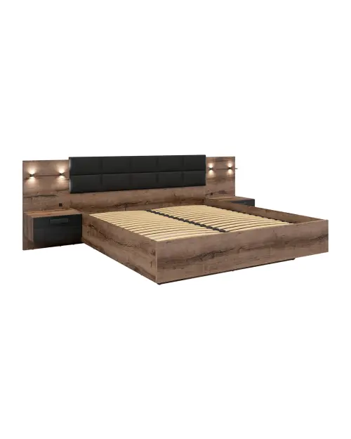 Cama Kassel 180x200 con somier, contenedor y 2 mesitas de noche roble monastery