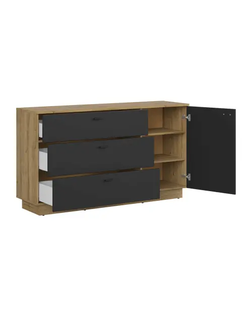 Cómoda Zenda 150 cm con puertas y 3 cajones roble waterford/negro