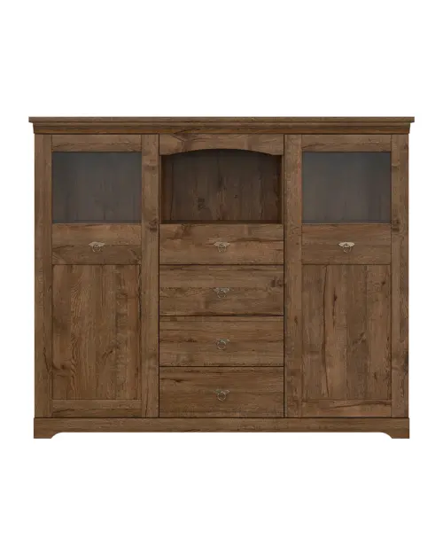 Cómoda Patras 153 cm vitrina con 2 puertas y 4 cajones roble april