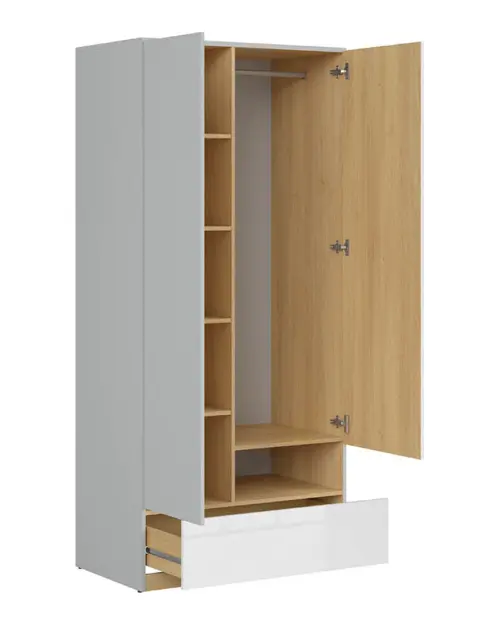 Armario de dos puertas Nandu 90 cm con cajón gris claro/roble polaco/blanco brillo