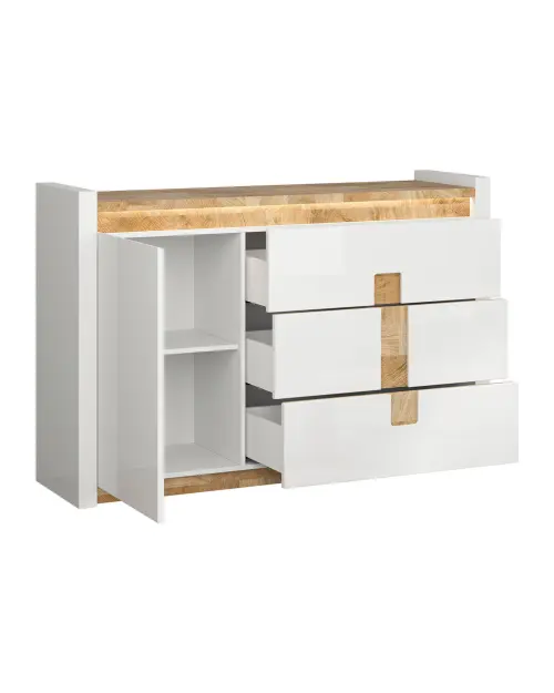 Cómoda Alameda 147 cm con puertas y 3 cajones roble westminster/blanco brillo