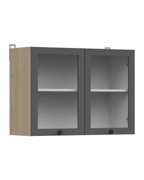 Armario superior de cocina Junona Line 80 cm de dos puertas con vitrina roble bernstein/grafito