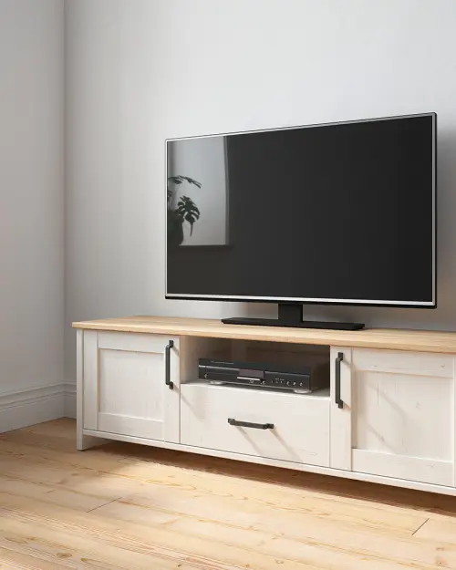 Mueble RTV Loksa 160 cm con 2 puertas y un cajón pino andersen blanco