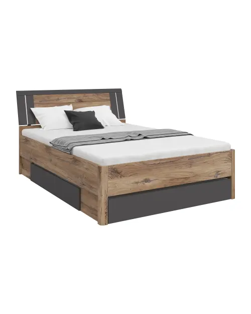 Cama Saturn 140x200 con 3 cajones roble flagstaff oscuro/grafito