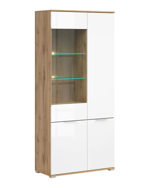 Vitrina Zele 90 cm con 4 puertas roble wotan/blanco brillo