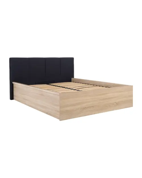 Cama Tetrix 160x200 con somier, arcón y cabecero tapizado, roble sonoma